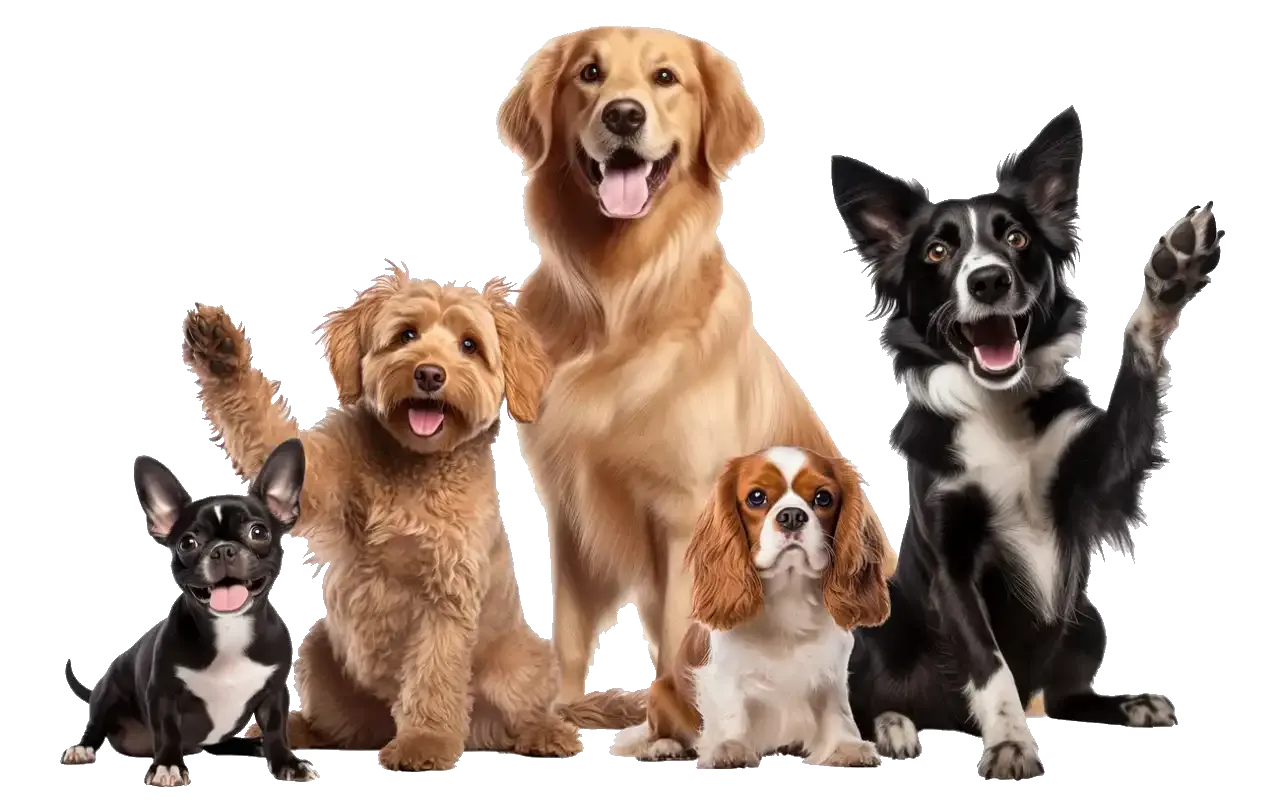 Group of happy dogs playing together at United Puppies